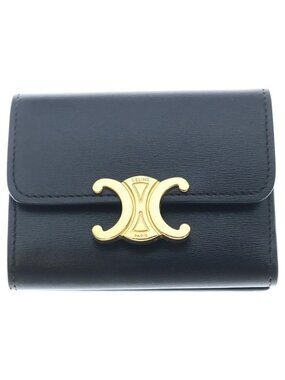 Celine Triomphe Shiny Calfskin Gold Trifold Wallet Compact Black